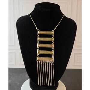 Gold Bar Fringe Pendant Necklace Long Gold Tone Chain Statement Modern Fashion